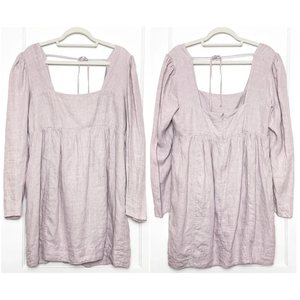GANNI Lilac Hemp 90s Square Neck Long Sleeve Coquette Soft Girl Babydoll Dress L - Picture 8 of 14